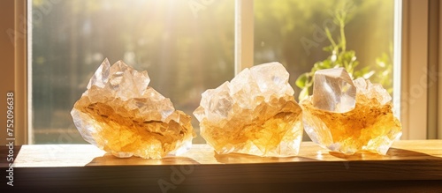 Radiant Honey Calcite Trio Bathing in Sunlight on Window Ledge photo