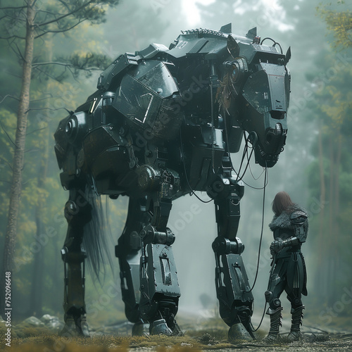 Armored robot and horse in a symbiotic relationship showcasing fantastic technology in a realistic HD environment