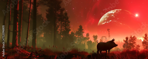 In the shadow of a supermassive black hole a pig explores a fantastic machine filled forest under the global and red sky
