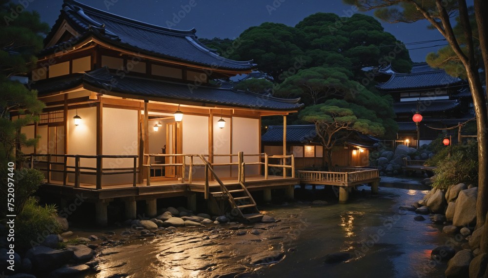 Image view of an uninhabited hot spring resort at night