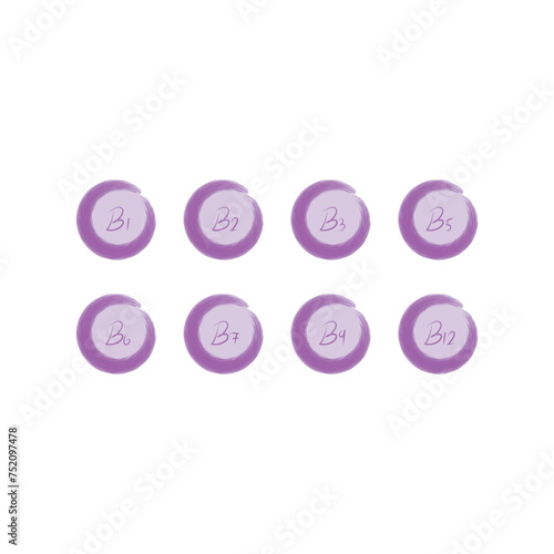Set of 8 colorful vitamin icons -group B vitamins - B1, B2, B3, B5, B6, B7, B9, B12 - simple icon illustration, graphic element for products, supplements, web design and more.