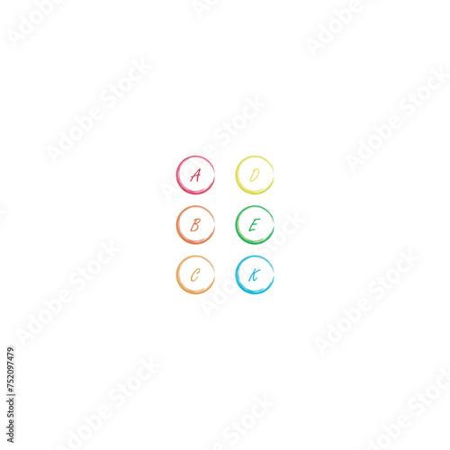 Set of 6 colorful vitamin icons - A, D, E, C, K and group B vitamins - simple icon illustration, graphic element for products, supplements, web design and more.