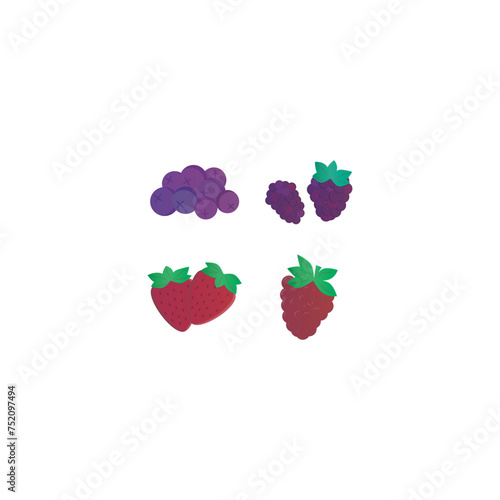 Set of 4 colorful berry (blueberry, strawberry, raspberry) icons, simple vector cartoon style illustration elements for product or web design.