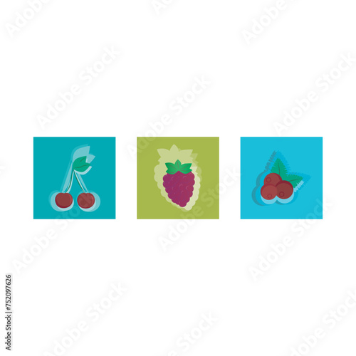 Set of 3 colorful berry (Raspberry, chery) icons, simple vector cartoon style illustration elements for product or web design.