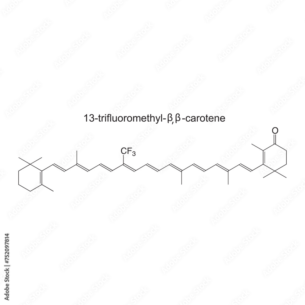 13-trifluoromethyl--carotene skeletal structure diagram.Halogenated Carotenoid compound molecule scientific illustration on white background.