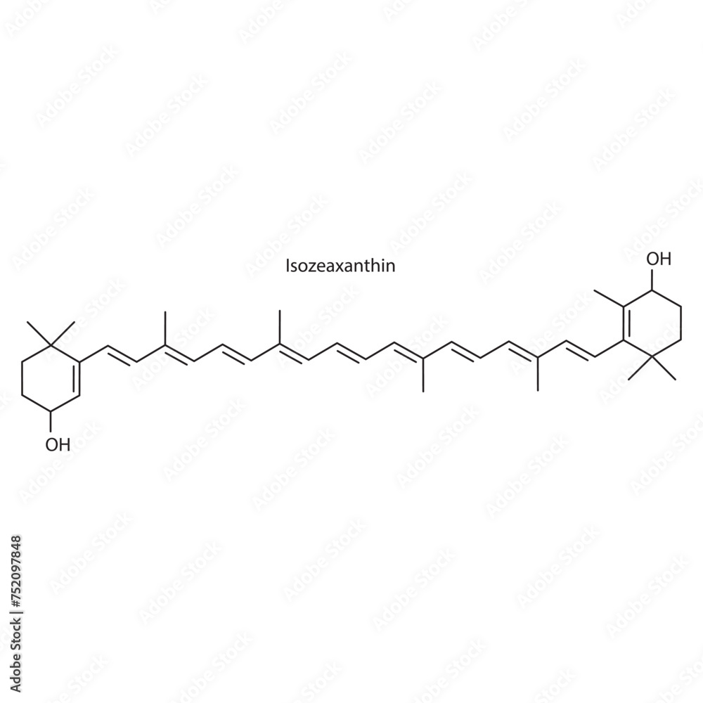 Isozeaxanthin skeletal structure diagram.Caratenoid compound molecule scientific illustration on white background.