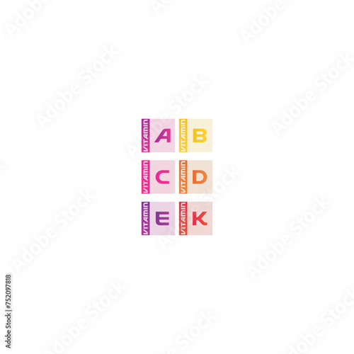 Set of 6 colorful vitamin icons - A, D, E, C, K and group B vitamins - simple icon illustration, graphic element for products, supplements, web design and more.