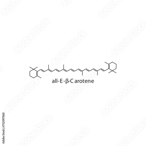 all-E-β-Carotene skeletal structure diagram.Caratenoid compound molecule scientific illustration on white background.