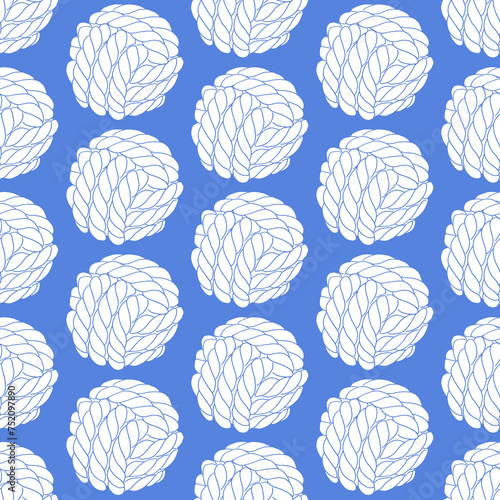 Seamless pattern of knotted ropes cords monkey fist knot ball Nautical thread whipcord with loops and noose, braided, spiral fiber. Illustration hand drawn graphic diagonal on blue background