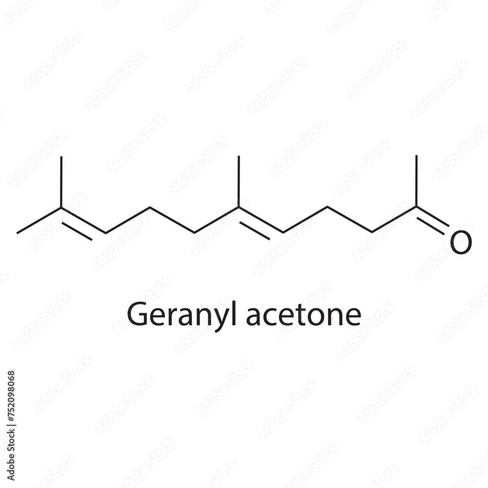 Geranyl acetone skeletal structure diagram.volatile compound molecule scientific illustration on white background. Geranyl acetone skeletal structure diagram.volatile compound molecule scientific illustration on white background.