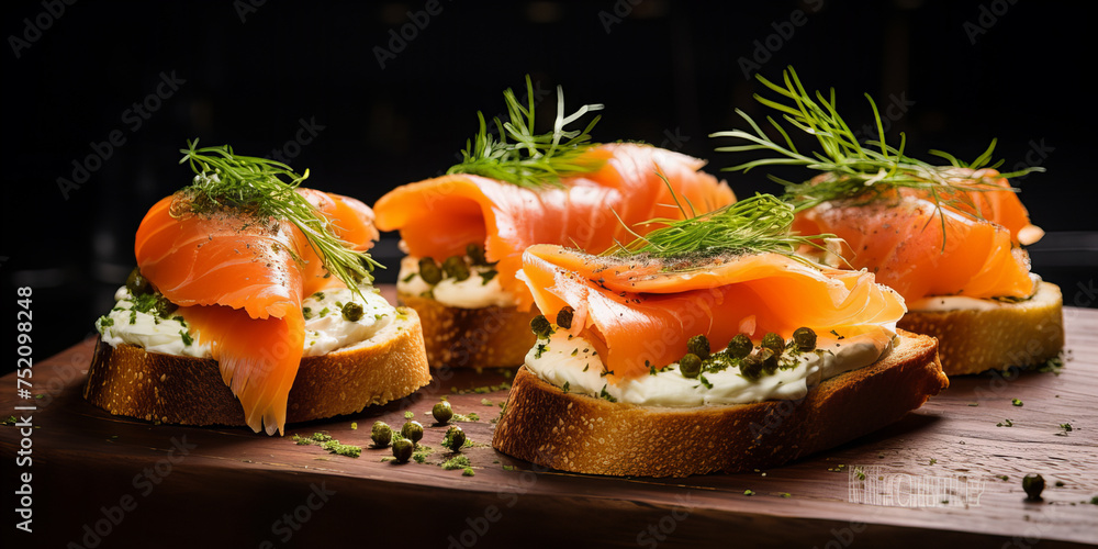 A close up of the fresh cannapes topped with chceese and smoked salmon. A close up of the fresh cannapes topped with chceese and smoked salmon.