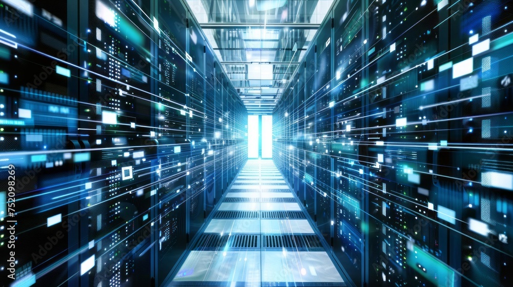 Obraz premium Busy data center corridor: rack servers, supercomputers, and internet connection visualization