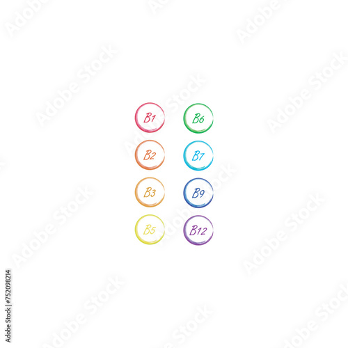 Set of 8 colorful vitamin icons -group B vitamins - B1, B2, B3, B5, B6, B7, B9, B12 - simple icon illustration, graphic element for products, supplements, web design and more.