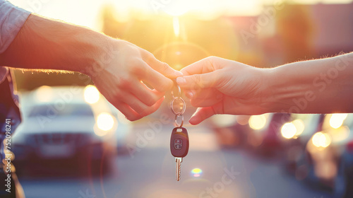 Buying a car. auto business, car sales, deal. Dealer giving car key to new owner in car showroom. Car rental, ren-a-car, driving courses, driving licence, car alarm remote control concept. photo