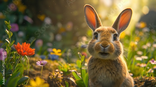A Mountain Cottontail rabbit is surrounded by flowers in a grassy field © Наталья Игнатенко