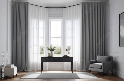 Modern interior of  living room with big window and two chair in grey colours, hotel interior 