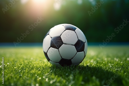 Soccer ball, slightly scuffed, on the green lush grass of a football field, close-up © Armen