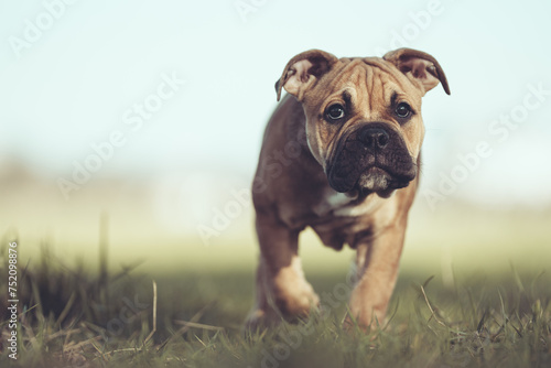 Englische Bulldogge Welpe Hund braun 12 Wochen alt outdoor im Frühling Var. 4