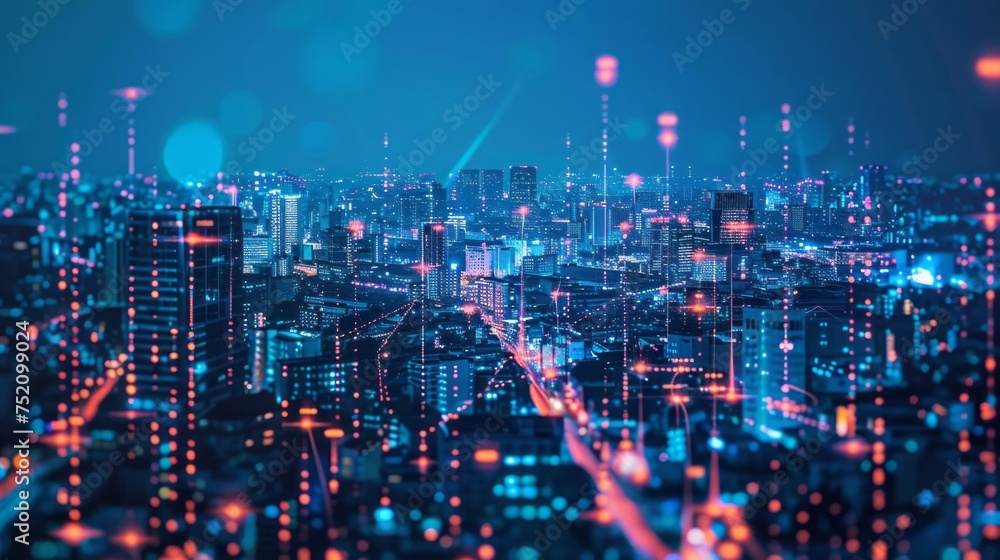 Glowing light connection design in futuristic smart city setting