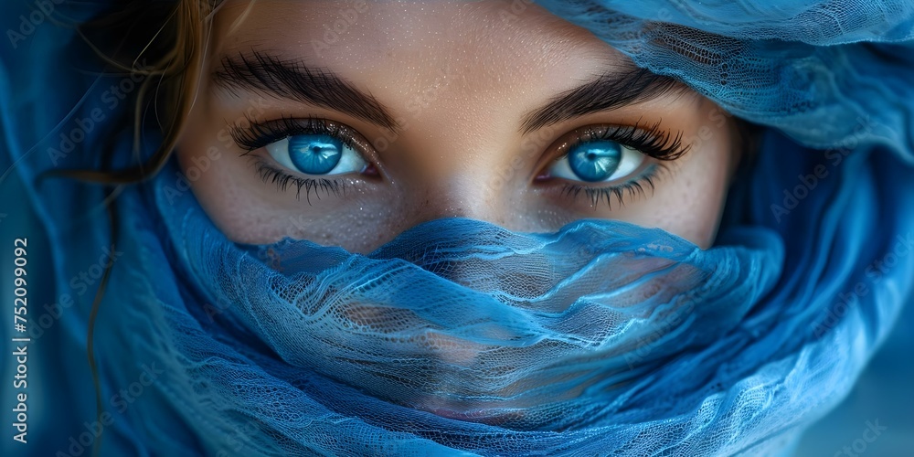 Mesmerizing Woman in Blue with Captivating Gaze and Scarf. Concept Fashion Photography, Blue Aesthetic, Stunning Portrait, Elegant Styling, Mysterious Look Mesmerizing Woman in Blue with Captivating Gaze and Scarf. Concept Fashion Photography, Blue Aesthetic, Stunning Portrait, Elegant Styling, Mysterious Look