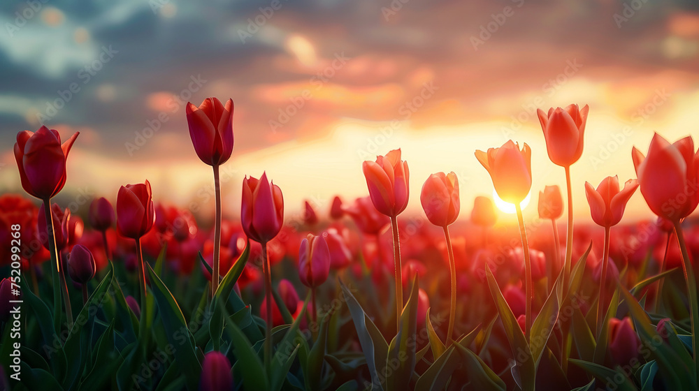 red tulips  field  in the background of the sunset
