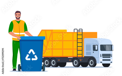 Garbage man in uniform with trash bin and recycling symbol on it. Garbage truck and sanitation worker. Zero waste, environment protection concept. Vector illustration.