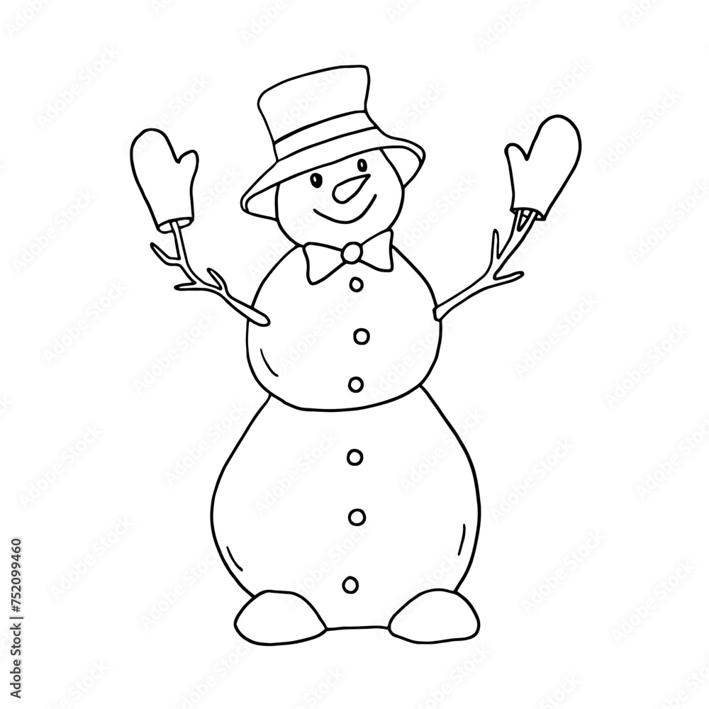 Snowman wearing a hat and mittens with his hands up in the air. A cheerful winter illustration drawn by hand. Coloring. Isolated on a white background. Snowman wearing a hat and mittens with his hands up in the air. A cheerful winter illustration drawn by hand. Coloring. Isolated on a white background.