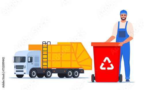 Garbage man in uniform with trash bin and recycling symbol on it. Garbage truck and sanitation worker. Zero waste, environment protection concept. Vector illustration.