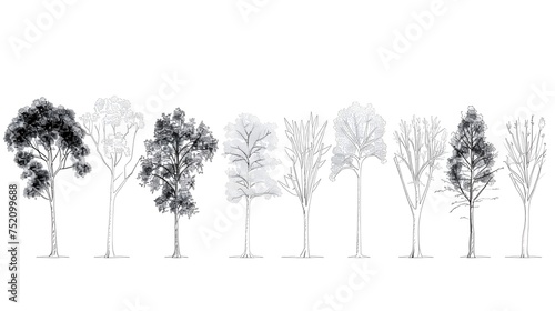 Minimal style cad tree line drawing, Side view, set of graphics trees elements outline symbol for architecture and landscape design drawing. photo