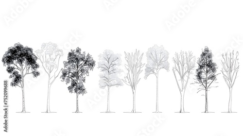 Minimal style cad tree line drawing, Side view, set of graphics trees elements outline symbol for architecture and landscape design drawing.