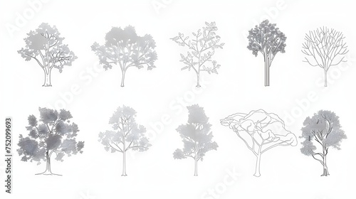 Minimal style cad tree line drawing, Side view, set of graphics trees elements outline symbol for architecture and landscape design drawing. photo