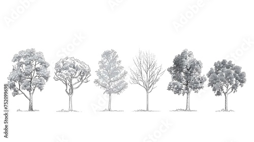Minimal style cad tree line drawing, Side view, set of graphics trees elements outline symbol for architecture and landscape design drawing.