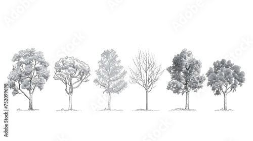 Minimal style cad tree line drawing, Side view, set of graphics trees elements outline symbol for architecture and landscape design drawing. photo