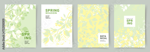 Spring trendy backgrounds with green fresh leaves. Abstract vector templates for poster, invitation, card, flyer, cover, banner, brochure, social media, sale, advertising