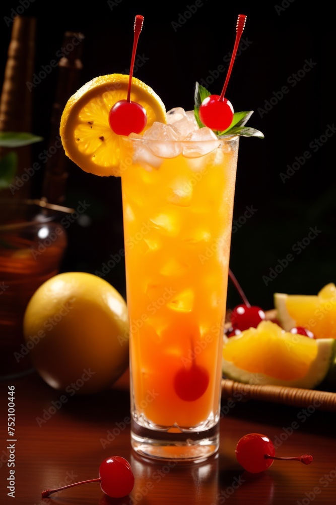 A tall glass filled to the brim with a colorful fruity rum runner cocktail, garnished with fresh cherries. The drink is vibrant and inviting, with the cherries adding a pop of color and flavor