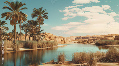 A lush oasis stands out in the vast desert
