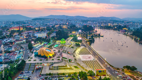 Da Lat, Vietnam - February 21st, 2024: Da Lat city night with urban areas, markets, sparkling hotels, simple transportation system attracts tourists to visit on weekends in Da lat, Vietnam photo