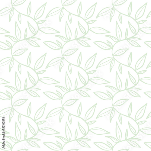 Seamless vector pattern with green climbing vines on white background, leaf wallpaper print