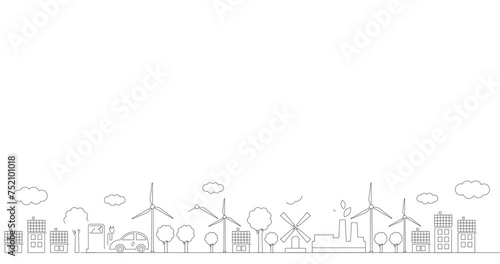Wallpaper Mural Animated linear black icon of green energy city. Line symbols is drawn. Concept of Sustainability, environment, renewable energy, green technology. Illustration isolated on white background.  Torontodigital.ca