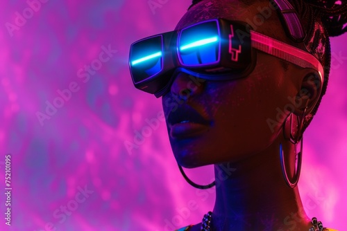 Close-up portrait of an attractive black woman wearing augmented virtual reality goggles. Young African American woman in metaverse against futuristic colorful neon background.