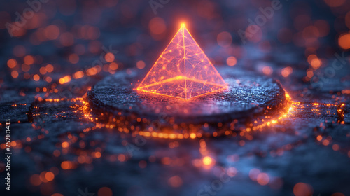 The pyramid in a digital neon circle. digital technology and construction technology concept. 