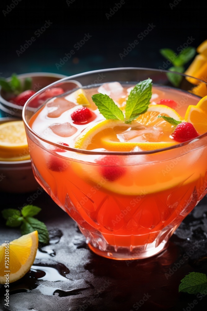 A close-up view of a VetalVit tropical rum punch cocktail filled in a glass placed on a table. The drink is colorful and inviting, showcasing a mix of flavors and ingredients A close-up view of a VetalVit tropical rum punch cocktail filled in a glass placed on a table. The drink is colorful and inviting, showcasing a mix of flavors and ingredients
