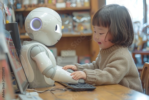 Little girl Learning with the help of a robot in a cozy Room