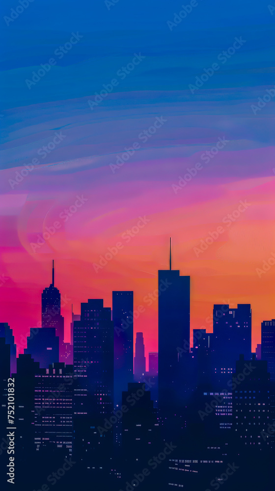The silhouette of a city skyline against a twilight sky, mobile phone wallpaper or advertising background