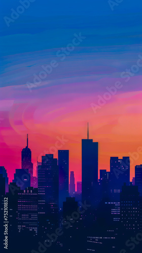 The silhouette of a city skyline against a twilight sky  mobile phone wallpaper or advertising background