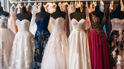 Photo of a variety of bridal gowns on mannequins in a wedding dress boutique  © Pascal