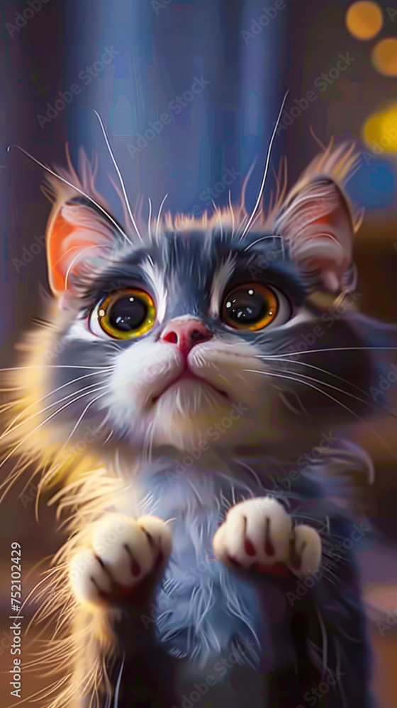 A cat curiously swiping at an on-screen laser pointer, its eyes wide with fascination, mobile phone wallpaper or advertising background