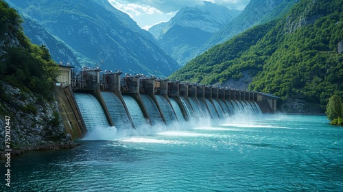 Modern hydroelectric power plant against a scenic backdrop  showcasing the future of sustainable energy