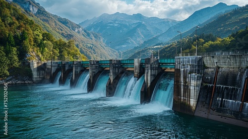 Modern hydroelectric power plant against a scenic backdrop, showcasing the future of sustainable energy