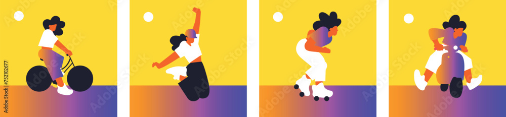 Hello Summer. Active recreation, bike, skate, roller skates, diving. Summer time. Summer vacation. Woman on the beach. Set Vector flat illustration Hello Summer. Active recreation, bike, skate, roller skates, diving. Summer time. Summer vacation. Woman on the beach. Set Vector flat illustration